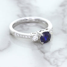 Load image into Gallery viewer, 1.07ct Round Blue Sapphire Ring with Diamond Accents in 18K White Gold