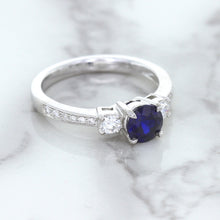 Load image into Gallery viewer, 1.07ct Round Blue Sapphire Ring with Diamond Accents in 18K White Gold