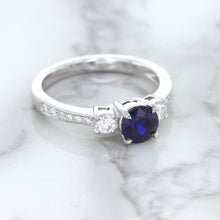 Load image into Gallery viewer, 1.07ct Round Blue Sapphire Ring with Diamond Accents in 18K White Gold