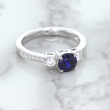 Load image into Gallery viewer, 1.07ct Round Blue Sapphire Ring with Diamond Accents in 18K White Gold