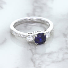 Load image into Gallery viewer, 1.07ct Round Blue Sapphire Ring with Diamond Accents in 18K White Gold