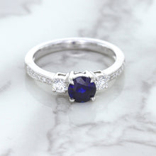 Load image into Gallery viewer, 1.07ct Round Blue Sapphire Ring with Diamond Accents in 18K White Gold