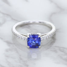 Load image into Gallery viewer, 1.43ct Cushion Unheated Blue Sapphire Ring with Diamond Accents in 18K White Gold