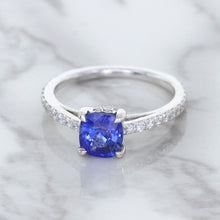 Load image into Gallery viewer, 1.43ct Cushion Unheated Blue Sapphire Ring with Diamond Accents in 18K White Gold