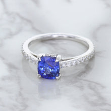 Load image into Gallery viewer, 1.43ct Cushion Unheated Blue Sapphire Ring with Diamond Accents in 18K White Gold