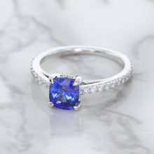 Load image into Gallery viewer, 1.43ct Cushion Unheated Blue Sapphire Ring with Diamond Accents in 18K White Gold
