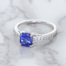 Load image into Gallery viewer, 1.43ct Cushion Unheated Blue Sapphire Ring with Diamond Accents in 18K White Gold