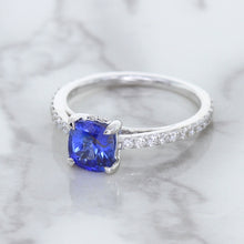 Load image into Gallery viewer, 1.43ct Cushion Unheated Blue Sapphire Ring with Diamond Accents in 18K White Gold