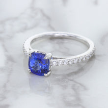 Load image into Gallery viewer, 1.43ct Cushion Unheated Blue Sapphire Ring with Diamond Accents in 18K White Gold