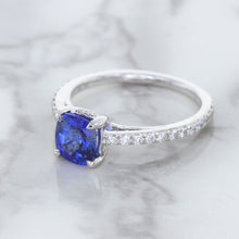 Load image into Gallery viewer, 1.43ct Cushion Unheated Blue Sapphire Ring with Diamond Accents in 18K White Gold