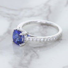 Load image into Gallery viewer, 1.43ct Cushion Unheated Blue Sapphire Ring with Diamond Accents in 18K White Gold