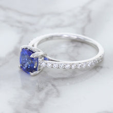 Load image into Gallery viewer, 1.43ct Cushion Unheated Blue Sapphire Ring with Diamond Accents in 18K White Gold