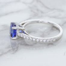 Load image into Gallery viewer, 1.43ct Cushion Unheated Blue Sapphire Ring with Diamond Accents in 18K White Gold