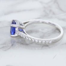 Load image into Gallery viewer, 1.43ct Cushion Unheated Blue Sapphire Ring with Diamond Accents in 18K White Gold