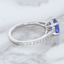 Load image into Gallery viewer, 1.43ct Cushion Unheated Blue Sapphire Ring with Diamond Accents in 18K White Gold
