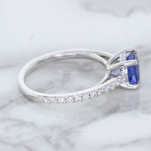 Load image into Gallery viewer, 1.43ct Cushion Unheated Blue Sapphire Ring with Diamond Accents in 18K White Gold