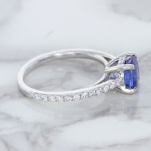 Load image into Gallery viewer, 1.43ct Cushion Unheated Blue Sapphire Ring with Diamond Accents in 18K White Gold