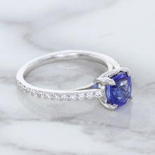 Load image into Gallery viewer, 1.43ct Cushion Unheated Blue Sapphire Ring with Diamond Accents in 18K White Gold