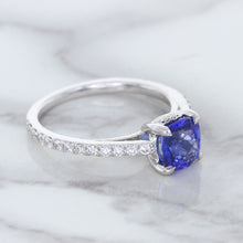 Load image into Gallery viewer, 1.43ct Cushion Unheated Blue Sapphire Ring with Diamond Accents in 18K White Gold