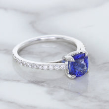 Load image into Gallery viewer, 1.43ct Cushion Unheated Blue Sapphire Ring with Diamond Accents in 18K White Gold