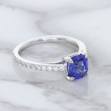 Load image into Gallery viewer, 1.43ct Cushion Unheated Blue Sapphire Ring with Diamond Accents in 18K White Gold