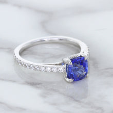 Load image into Gallery viewer, 1.43ct Cushion Unheated Blue Sapphire Ring with Diamond Accents in 18K White Gold