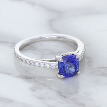 Load image into Gallery viewer, 1.43ct Cushion Unheated Blue Sapphire Ring with Diamond Accents in 18K White Gold