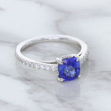 Load image into Gallery viewer, 1.43ct Cushion Unheated Blue Sapphire Ring with Diamond Accents in 18K White Gold