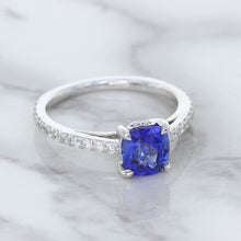 Load image into Gallery viewer, 1.43ct Cushion Unheated Blue Sapphire Ring with Diamond Accents in 18K White Gold