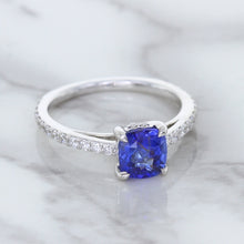 Load image into Gallery viewer, 1.43ct Cushion Unheated Blue Sapphire Ring with Diamond Accents in 18K White Gold