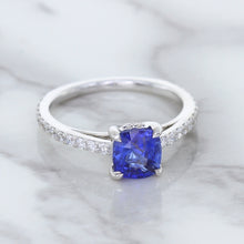 Load image into Gallery viewer, 1.43ct Cushion Unheated Blue Sapphire Ring with Diamond Accents in 18K White Gold