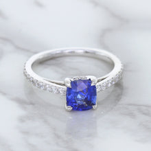 Load image into Gallery viewer, 1.43ct Cushion Unheated Blue Sapphire Ring with Diamond Accents in 18K White Gold