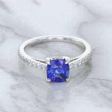 Load image into Gallery viewer, 1.43ct Cushion Unheated Blue Sapphire Ring with Diamond Accents in 18K White Gold