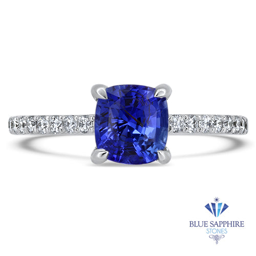1.43ct Cushion Unheated Blue Sapphire Ring with Diamond Accents in 18K White Gold
