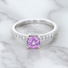 Load image into Gallery viewer, 1.36ct Cushion Unheated Lavender Sapphire Ring with Diamonds in 18K White Gold