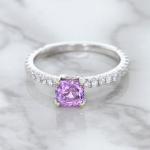 Load image into Gallery viewer, 1.36ct Cushion Unheated Lavender Sapphire Ring with Diamonds in 18K White Gold