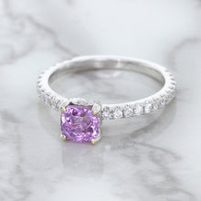Load image into Gallery viewer, 1.36ct Cushion Unheated Lavender Sapphire Ring with Diamonds in 18K White Gold