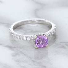 Load image into Gallery viewer, 1.36ct Cushion Unheated Lavender Sapphire Ring with Diamonds in 18K White Gold