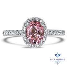 Load image into Gallery viewer, 1.24ct Oval EGL Certified Padparadscha Ring with Diamond Halo in 18K White Gold