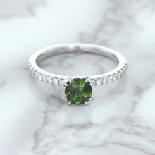 Load image into Gallery viewer, 0.89ct Round Green Sapphire Ring with Diamond Accents in 18K White Gold