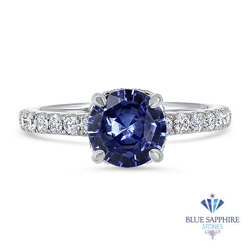 1.75ct. EGL Certified Round Blue Sapphire Ring with Hidden Diamond Halo in 18K White Gold