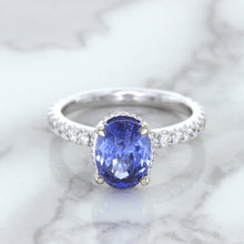 Load image into Gallery viewer, 3.30ct Oval Blue Sapphire Ring with Hidden Diamond Halo in 18K White Gold