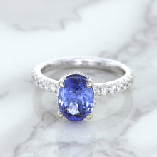 Load image into Gallery viewer, 3.30ct Oval Blue Sapphire Ring with Hidden Diamond Halo in 18K White Gold