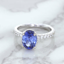 Load image into Gallery viewer, 3.30ct Oval Blue Sapphire Ring with Hidden Diamond Halo in 18K White Gold