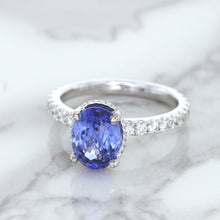 Load image into Gallery viewer, 3.30ct Oval Blue Sapphire Ring with Hidden Diamond Halo in 18K White Gold