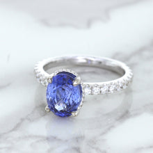 Load image into Gallery viewer, 3.30ct Oval Blue Sapphire Ring with Hidden Diamond Halo in 18K White Gold