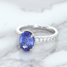 Load image into Gallery viewer, 3.30ct Oval Blue Sapphire Ring with Hidden Diamond Halo in 18K White Gold