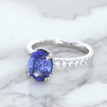 Load image into Gallery viewer, 3.30ct Oval Blue Sapphire Ring with Hidden Diamond Halo in 18K White Gold