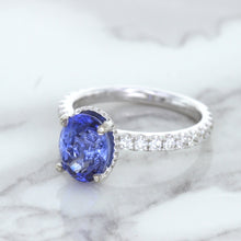 Load image into Gallery viewer, 3.30ct Oval Blue Sapphire Ring with Hidden Diamond Halo in 18K White Gold
