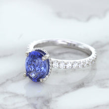 Load image into Gallery viewer, 3.30ct Oval Blue Sapphire Ring with Hidden Diamond Halo in 18K White Gold
